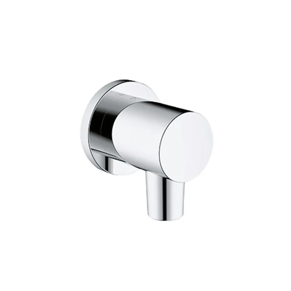Kreuzförmiger Anschlussbogen aus glänzendem Chrom von Kludi, für Schlauchanschlüsse, an Wand montiert, ohne sichtbare Befestigungen.